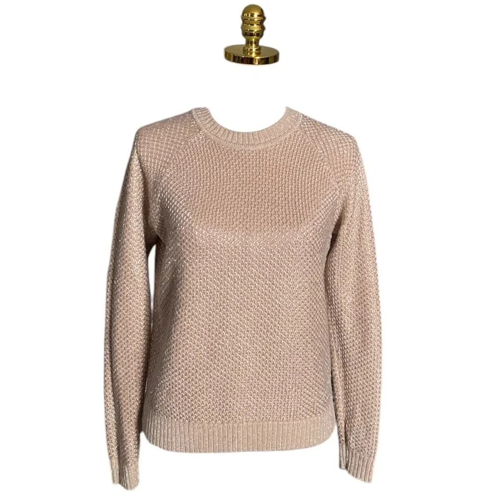 IVANKA TRUMP | Ribbed Knit Beige Silver Metallic Pullover Sweater Size Medium.